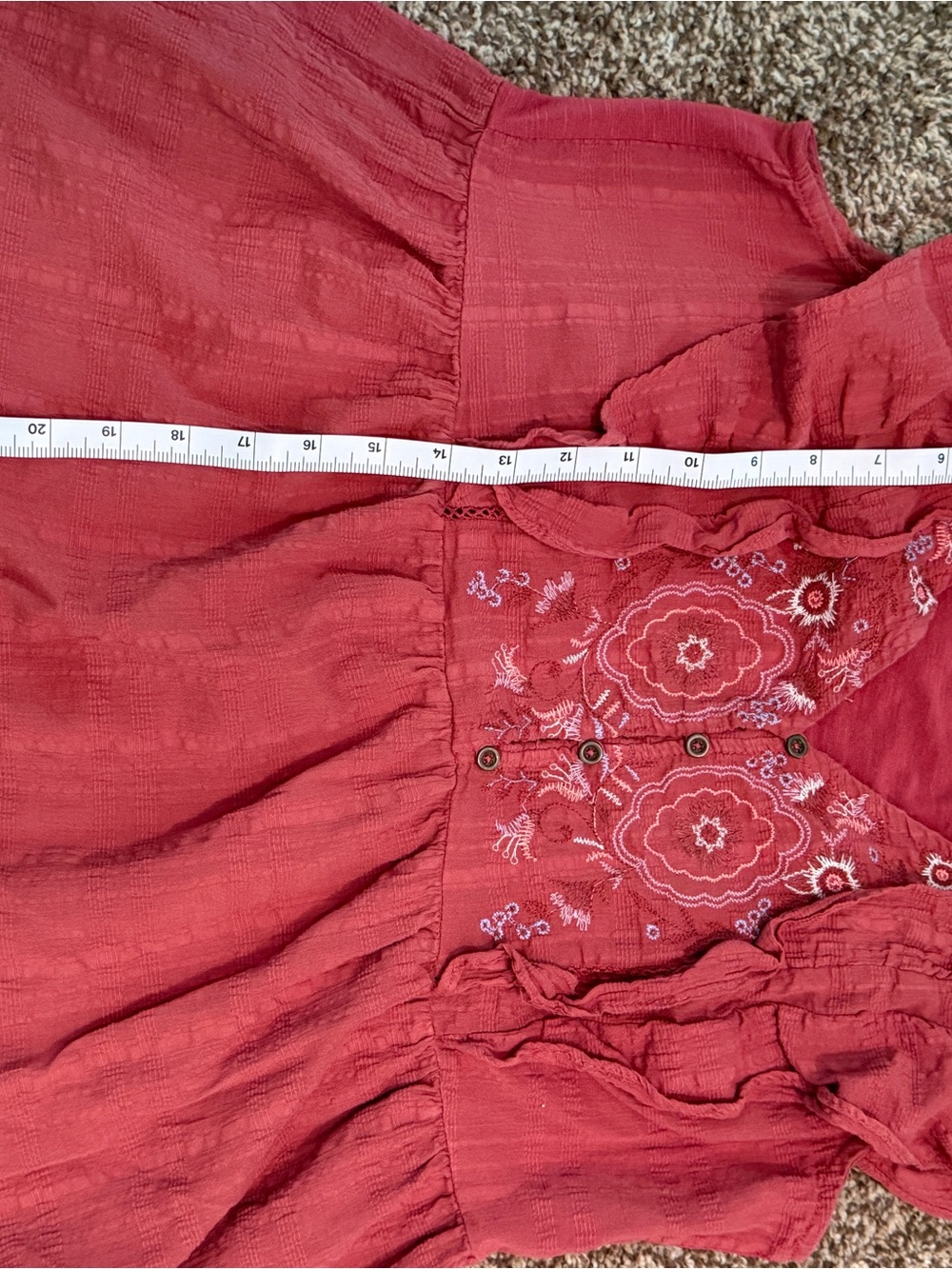 Knox Rose Coral Embroidered Ruffle Sleeve Peplum Top - Picture 11 of 11